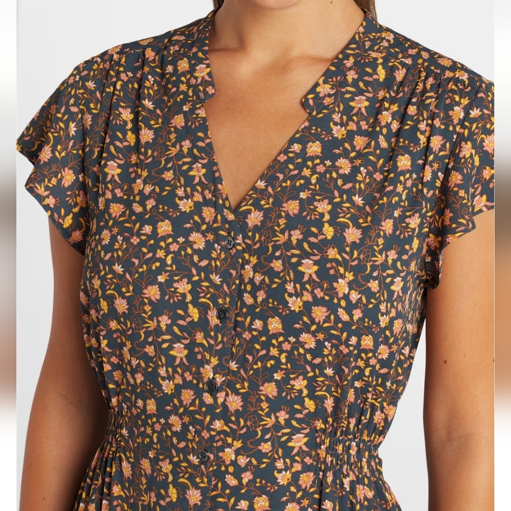 Les Serein Floral V-Neck Dress, M, Navy